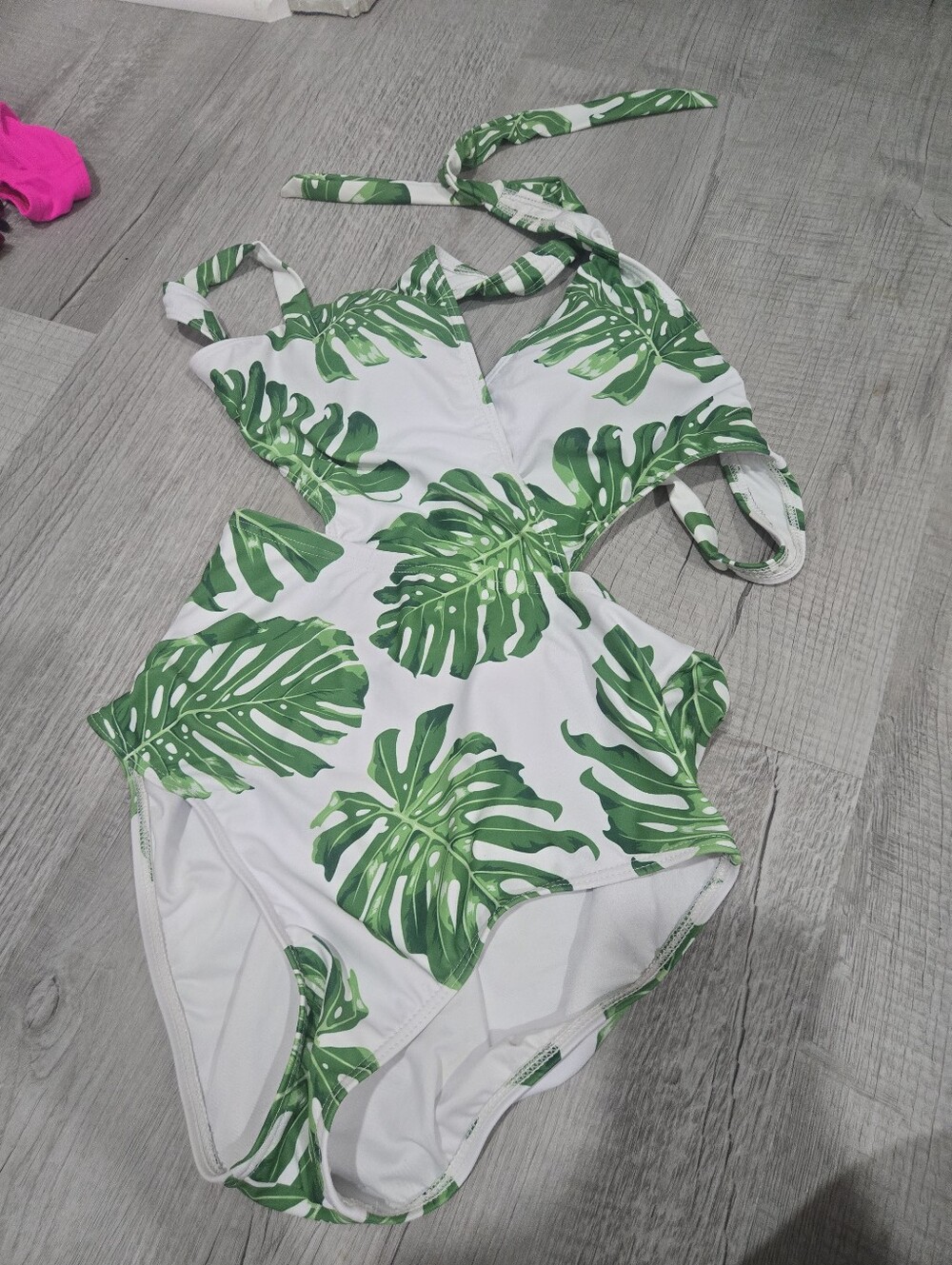 White One-Piece Swimsuit with Green Tropical Leaf Print